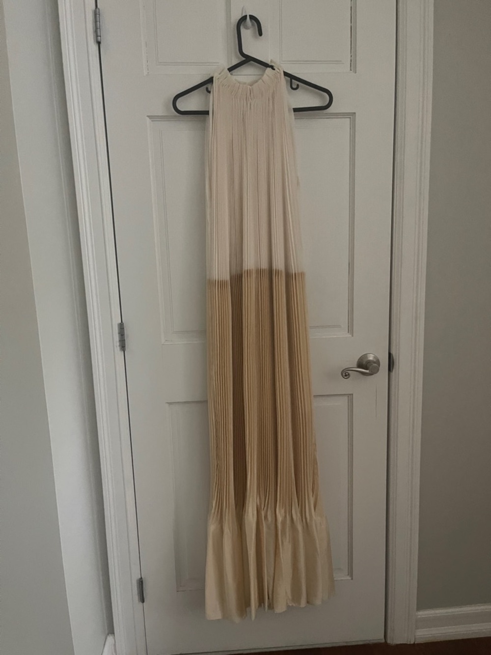 COS Two-Tone Pleated Halter Maxi Dress in Cream and Tan